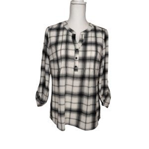 Studio Works Women's Plaid V-Neck Tab Sleeve Top Size Small